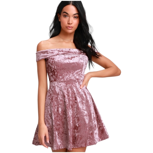 Lulu's Season of Fun Dusty Mauve Velvet Off-the-Shoulder Skater Mini Dress Small - Picture 2 of 16